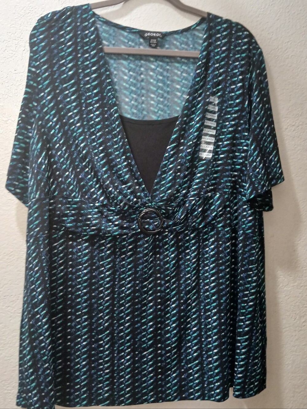 George Nwot 2Xl Teal and Black V-Neck Tunic with Ring Belt